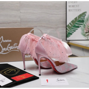Christian Louboutin Pastel Pink Satin Checkerboard Crystal Tulle Ruffle 100mm Stiletto Heel Pumps