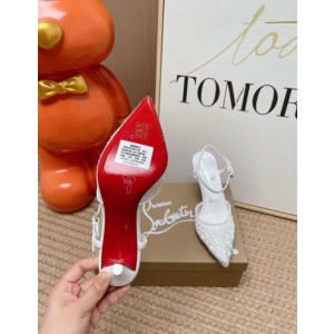 Christian Louboutin White Mesh 80mm Pearl‑Crystal‑Embellished Slingback Stiletto Heel Pumps