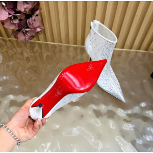 Christian Louboutin White Mesh 100mm Crystal‑Embellished Pointed Toe Stiletto Heel Ankle Boots