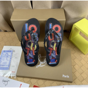 Christian Louboutin Black Printed Spike‑Detail Flip‑Flop Sandals