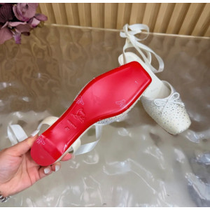 Christian Louboutin White Satin Crystal‑Embellished Ankle‑Tie Slingback Ballet Flats