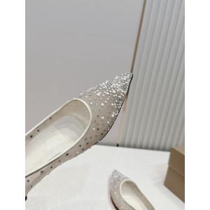 Christian Louboutin White Mesh Pearl Crystal‑Embellished Pointed‑Toe Flat Shoes