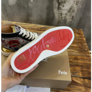 Christian Louboutin Graffiti‑Print Sequined Color‑Block High‑Top Sneakers