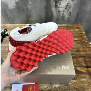 Christian Louboutin White Leather Red‑Trim Spiked Slip‑On Sneakers