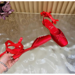 Christian Louboutin Red Satin Crystal‑Embellished Ankle‑Tie Ballet Flats