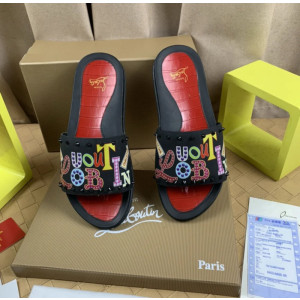 Christian Louboutin Black Cartoon‑Graffiti Spiked Slide Sandals Red Footbed