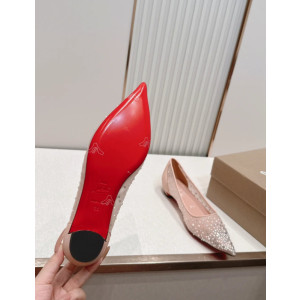 Christian Louboutin Pink Mesh Crystal Pearl Embellished Pointed‑Toe Flat Shoes