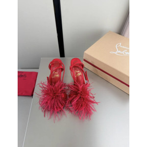 Christian Louboutin Red Satin Feather 100mm Slingback Stiletto Sandals