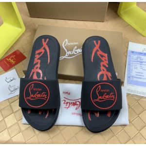 Christian Louboutin Black Rubber Slide Sandals Red Circular Logo Print