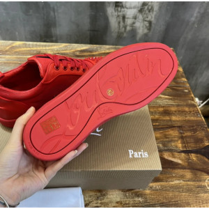 Christian Louboutin Red Perforated Leather Red‑Spiked Low‑Top Sneakers