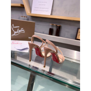 Christian Louboutin Nude Patent Asymmetric Curved Strap Slingback Sandal 100mm heel