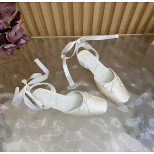 Christian Louboutin White Satin Bow Ankle‑Tie Slingback Ballet Flats