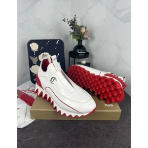 Christian Louboutin White‑Red Leather Slip‑On Spiked Sneakers Red Shark‑Tooth Sole