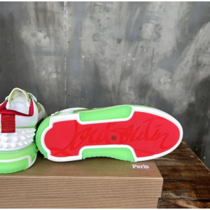 Christian Louboutin White‑Green Leather Spiked Platform Low‑Top Sneakers