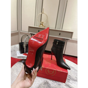 Christian Louboutin Black Leather Metal‑Buckle 100mm Pointed Toe Ankle Boots