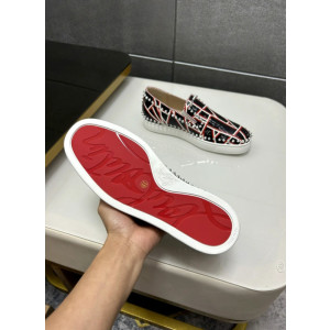 Christian Louboutin Black Patent Geometric‑Print Spiked Slip‑On Sneakers
