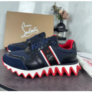Christian Louboutin Navy‑Black Color‑Block Lace‑Up Sneakers Red Shark‑Tooth Sole