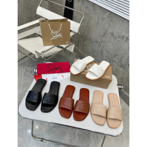 Christian Louboutin Stitched Logo White Leather Flat Slip‑on Slide