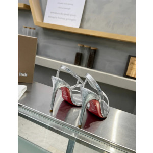 Christian Louboutin Silver Metallic Asymmetric Curved Strap Slingback Sandal 100mm heel