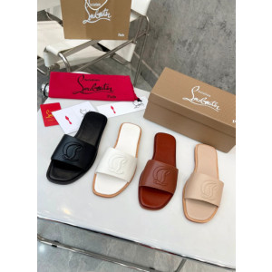 Christian Louboutin Stitched Logo Beige Leather Flat Open‑toe Slide