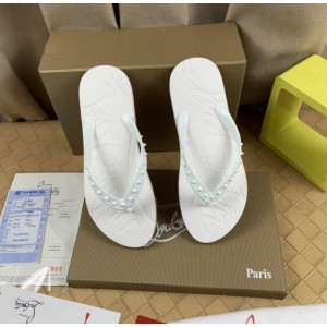 Christian Louboutin White Embossed‑Logo Studded Flip‑Flop Sandals