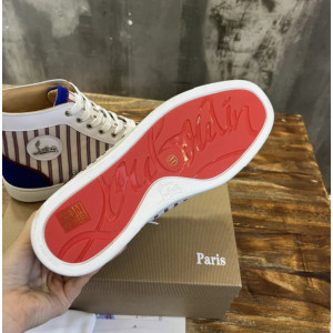 Christian Louboutin Striped Canvas Leather‑Trim High‑Top Sneakers