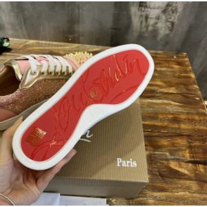 Christian Louboutin Pink‑Gold Glitter Spiked‑Toe Low‑Top Lace‑Up Sneakers
