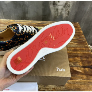 Christian Louboutin Navy Rope‑Print Gold‑Spiked Low‑Top Sneakers