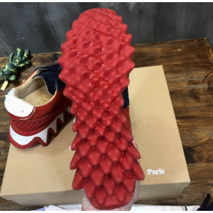 Christian Louboutin Navy‑Red Suede Gold‑Logo Shark‑Tooth Sole Lace‑Up Sneakers