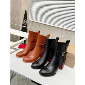Christian Louboutin Cognac Leather 85mm Block‑Heel Chelsea Ankle Boots with CL Buckle