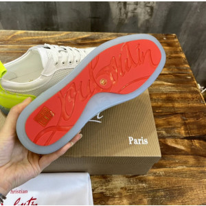 Christian Louboutin White Perforated Leather Fluorescent‑Yellow Accent Low‑Top Sneakers