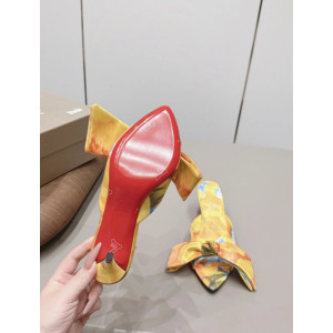 Christian Louboutin Yellow Watercolor‑Print Satin Bow Mule Kitten Heel Sandals 55mm heel