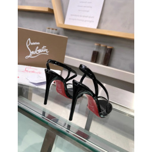 Christian Louboutin Black Patent Asymmetric Curved Strap Slingback Sandal 100mm heel