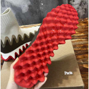 Christian Louboutin Beige‑Brown Knit Sock‑Style Shark‑Tooth Sole High‑Top Sneaker Boots