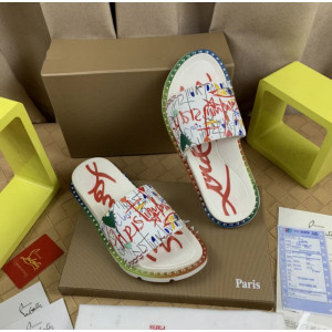 Christian Louboutin White Graffiti‑Print Slides Rainbow Crystal‑Trimmed Sole