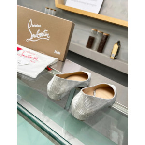 Christian Louboutin Silver Woven Metallic Pointed‑Toe Low‑Wedge Heel Flats