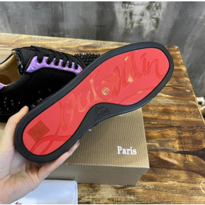 Christian Louboutin Black Glitter Holographic Purple‑Accent Black‑Spiked Low‑Top Sneakers