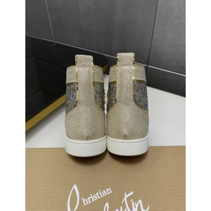 Christian Louboutin Gold Glitter Blue Crystal‑Embellished High‑Top Sneakers