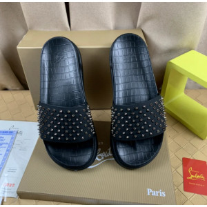 Christian Louboutin Black Metal‑Spiked Flat Slide Sandals