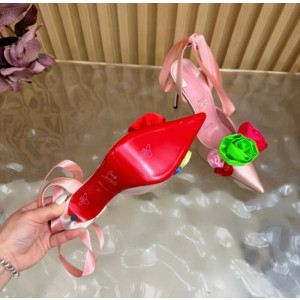 Christian Louboutin Pink Satin Multicolor Rose Flower 100mm Stiletto Heel Slingback Pumps