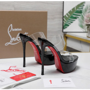 Christian Louboutin Black Patent PVC Strap Platform Stiletto Heel Mules