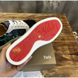 Christian Louboutin Green Graffiti‑Print Spiked‑Toe Low‑Top Lace‑Up Sneakers