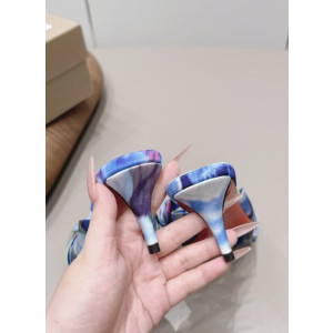 Christian Louboutin Blue Watercolor‑Print Satin Bow Mule Kitten Heel Sandals 55mm heel