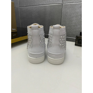 Christian Louboutin White Leather Full Silver‑Spiked High‑Top Sneakers