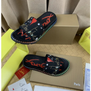 Christian Louboutin Black Heart‑Graffiti Print Slide Sandals Rainbow Crystal‑Trim Sole