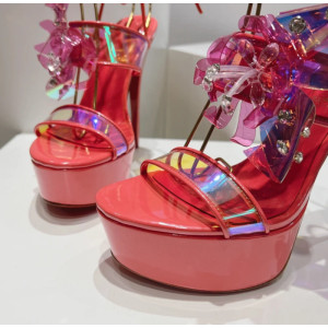 Christian Louboutin Red Patent Iridescent Crystal‑Flower 150mm Platform Ankle‑Tie Sandals
