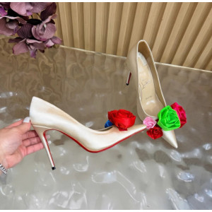 Christian Louboutin Ivory Satin Multicolor Fabric Flower 100mm Stiletto Heel Pumps