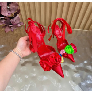 Christian Louboutin Red Satin Multicolor Fabric Flower 100mm Stiletto Heel Slingback Pumps