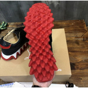 Christian Louboutin Black Leather Gold‑Logo Lace‑Up Sneakers Red Shark‑Tooth Sole