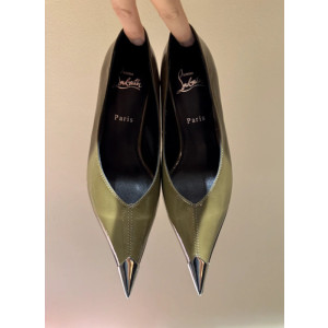 Christian Louboutin Taupe Patent 55mm Metal‑Tip Pointed Toe Kitten Heel Pumps